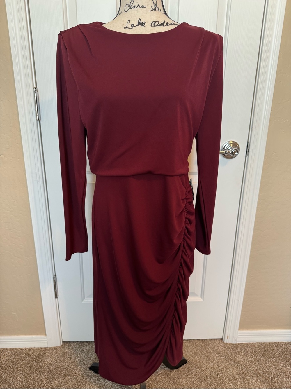 Express Women’s Burgundy Long-Sleeve Ruched Midi Dress Medium - Picture 2 of 12